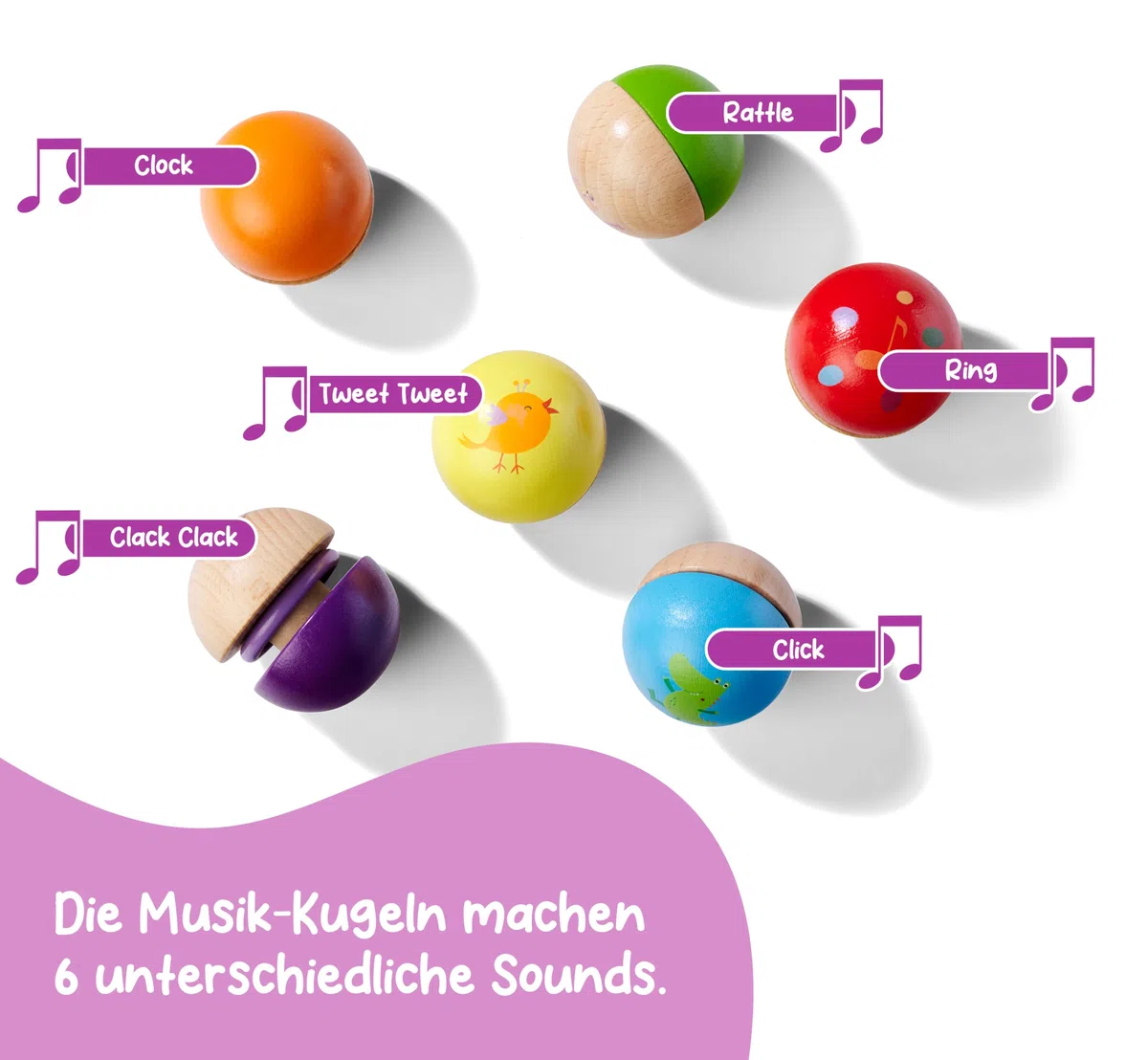 Eichhorn – Klangkugeln – 6 Bunte Holzkugeln mit Sound, die Verschiedene Geräusche Machen, für Kinder und Babys ab 12 Monaten, Holzspielzeug