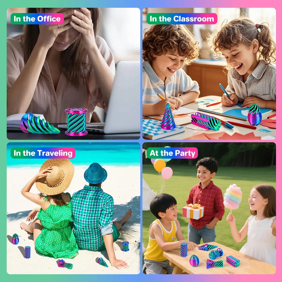 6 Packungen Spirale Fidget Kegel 3D gedruckt Spielzeug Set, Flexible Pyramide Passthrough für Stressabbau, Kinder Erwachsene Schreibtisch Spielzeug, Rosenrot & Dunkelblau & Grün