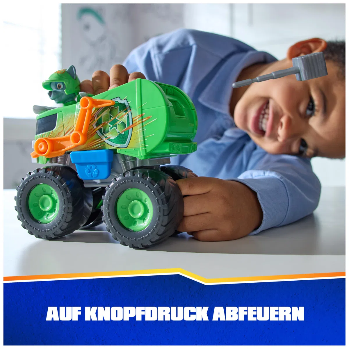PAW PATROL Rescue Wheels - Rockys Recycling Monstertruck mit Geschoss-Abwurf und Rocky Hundefigur, Spielzeug für Kinder ab 3 Jahren