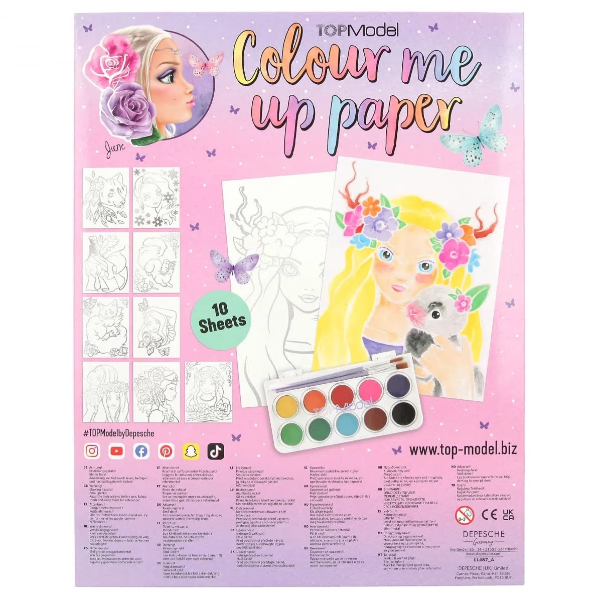 Depesche 11487 TOPModel - Colour me up Paper, Aquarellpapier mit 10 Motiven zum Ausmalen, inkl. Pinsel und Wasserfarben