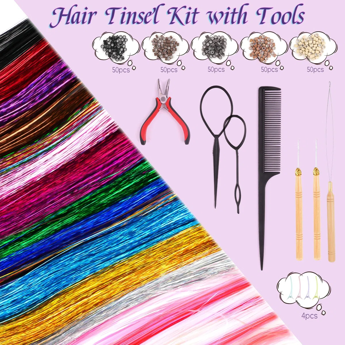 4000 Hair Tinsel,48 Inches Haar Lametta mit Werkzeug,20 Farben Glitzer Haarsträhnen zum Flechten Haar Lametta,Sparkle Tinsel Hair Extensions für Frauen Mädchen Kinder Cosplay Party Zubehör (20 Farben)