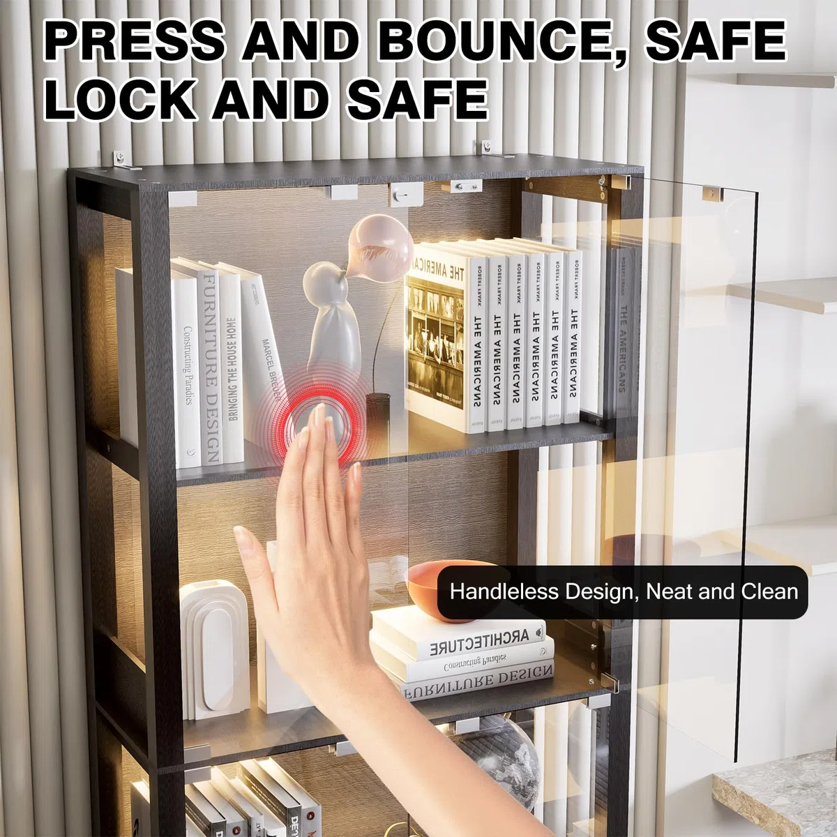 Vitrine mit LED Beleuchtung und Glastüren, Sammlervitrine für Kuriositäten Actionfiguren, Ausstellungsvitrine mit Intelligente Sensorik, 4-Lagen Vitrine für Wohnzimmer Büro (Schwarz：165*80*35cm)