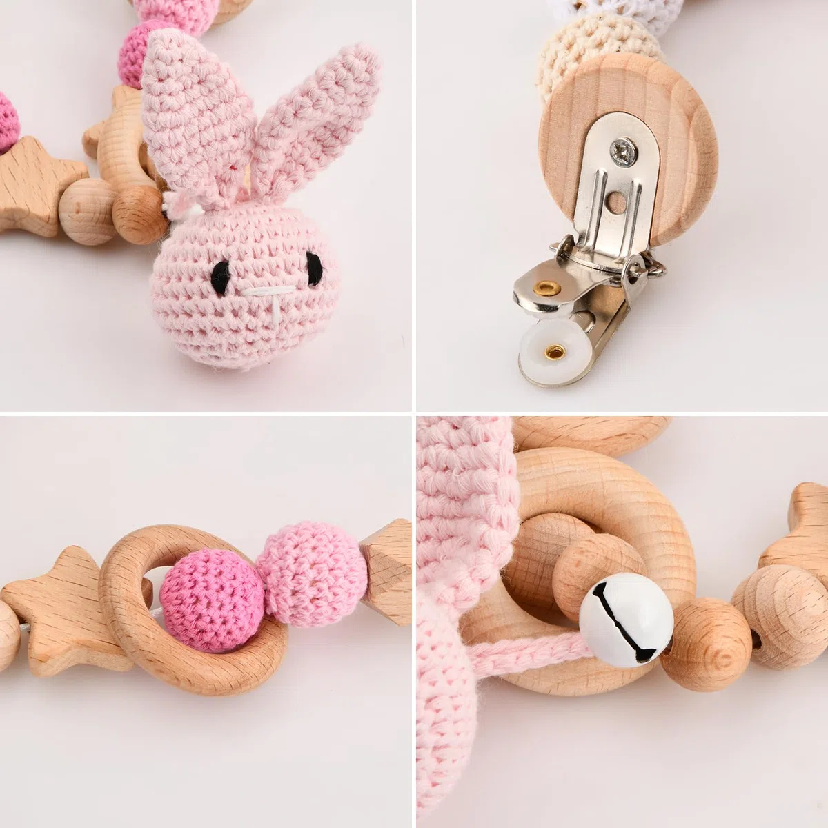 Kinderwagenkette aus Holz und Häkeln Niedliche Tierform Kinderwagenspielzeug mit Glocke für Baby Mädchen Junge