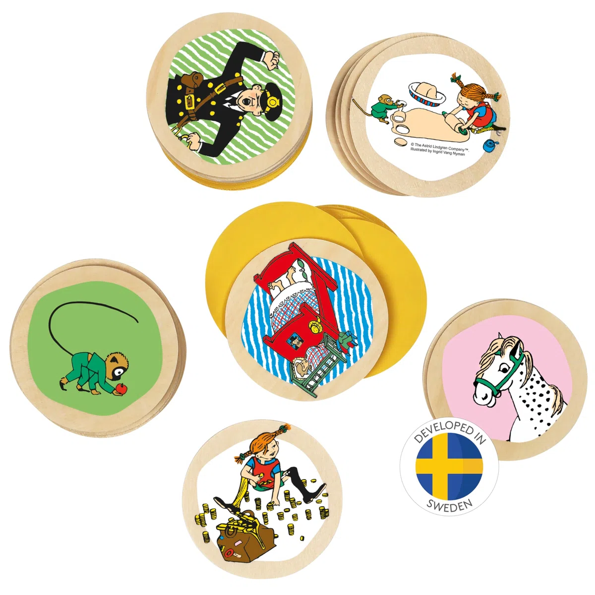 Pippi Langstrumpf Kinderspiel Memory Spiel – Holzspiel für Kinder – Gedächtnisspiel mit 38 Holzteilen – Offiziell Lizenziertes Produkt – Für Kinder ab 3 Jahren