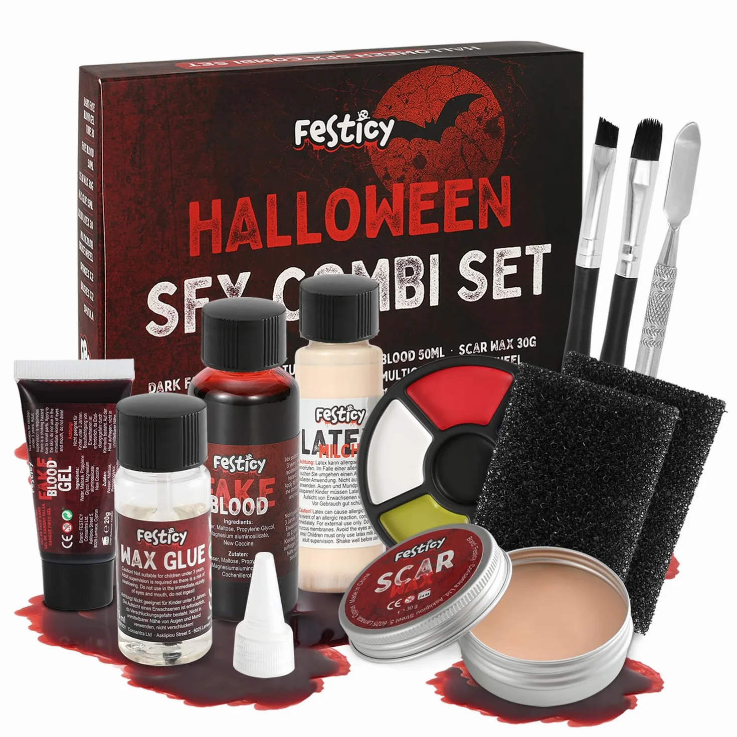 Festicy Spezialeffekt Halloween Make Up Set I SFX Komplettset mit Kunstblut, Latex, Narbenwachs und Zubehör I Kunstblut für Haut und Kleidung I Halloween Schminke für gruselige Halloween Kostüme