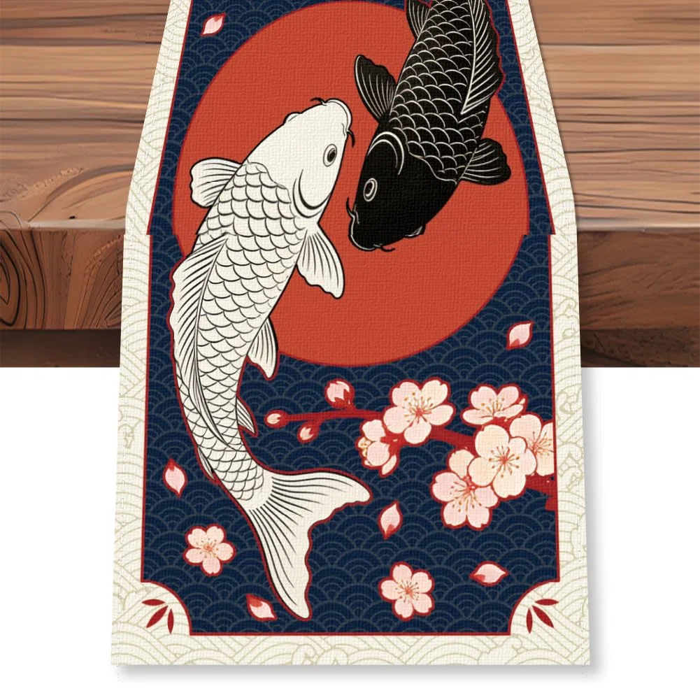 WADORN Japanisch koi Fisch Tischläufer 1.8x0.3m Kirschblüte asiatisch Tischläufer lang Bauernhaus rustikal Küche Esszimmer Schreibtisch Deko für Frühling Sommer Feiertag Party Deko