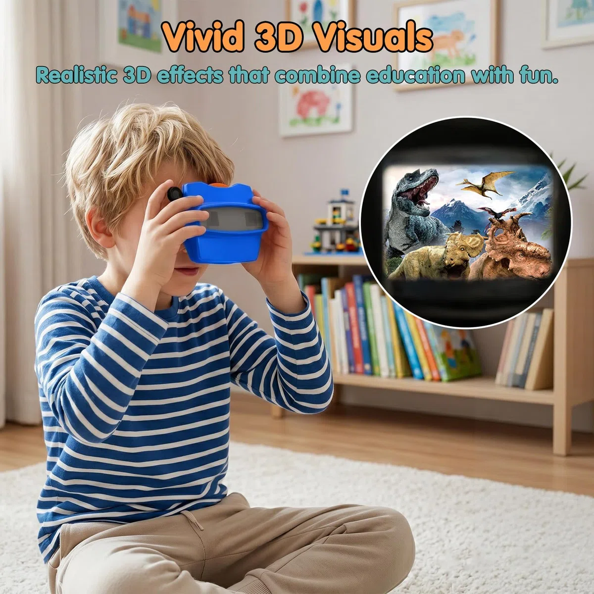 Pup Go Blau 3D-Betrachter für Kinder ab 3 Jahren, 4 Scheiben – Dinosaurier, Tiere, Ozean & Weltraum, 28 HD-Bilder, Retro klassischer Diabetrachter, pädagogisches STEM-Lernspielzeug