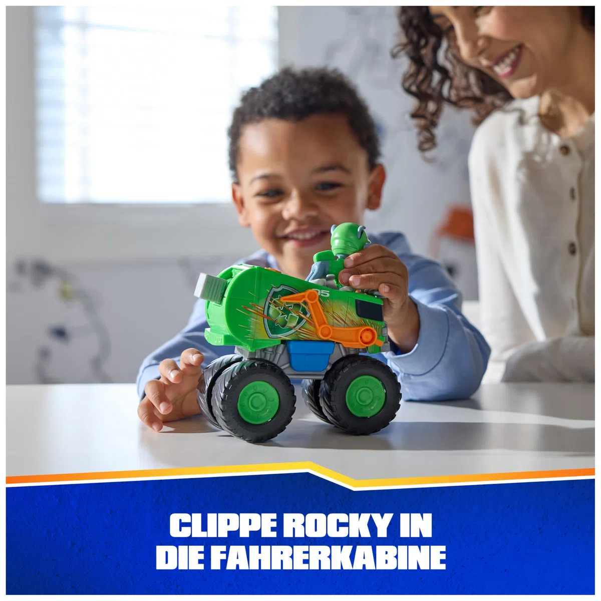 PAW PATROL Rescue Wheels - Rockys Recycling Monstertruck mit Geschoss-Abwurf und Rocky Hundefigur, Spielzeug für Kinder ab 3 Jahren