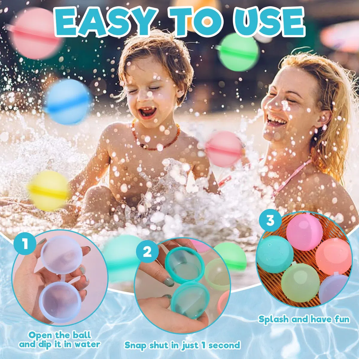 Wiederverwendbare Wasserbomben 36 Stück, Silikon Wasserballons 5 cm mit Clipverschluss in 6 Farben, Mehrweg Wasserbälle für Kinder, Pool Spielzeug für Strand, Garten, Wasserschlacht und Sommerparty