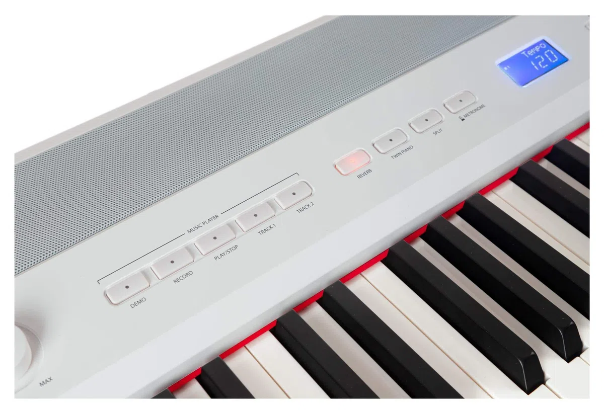 P-60 WM Compact Piano (Stagepiano mit 88 Tasten und passendem Unterbau, Hammermechanik, Anschlagdynamik, 128-fach polyphon, 14 Sounds, inkl. Notenhalter und Netzteil) weiß