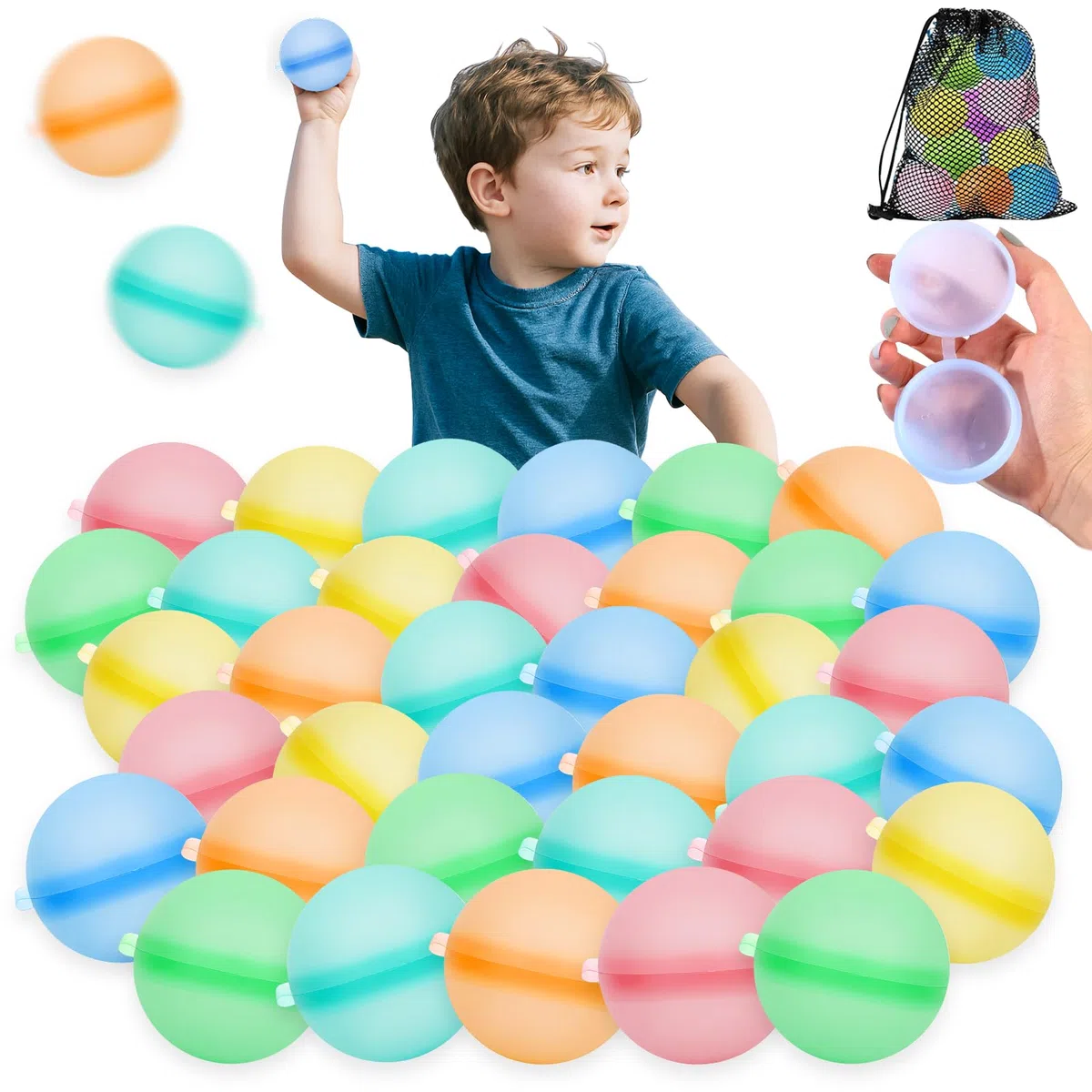 Wiederverwendbare Wasserbomben 36 Stück, Silikon Wasserballons 5 cm mit Clipverschluss in 6 Farben, Mehrweg Wasserbälle für Kinder, Pool Spielzeug für Strand, Garten, Wasserschlacht und Sommerparty