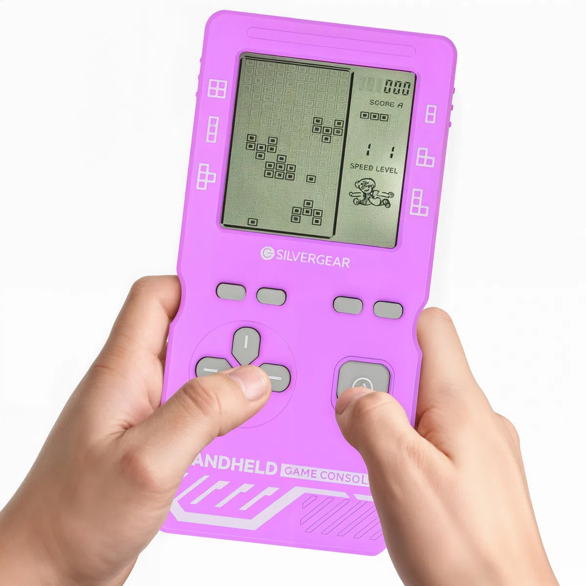 Silvergear® Retro Handheld Spielkonsole Blockspiel | Mini Tetris Konsole Mit 26 Spielen | Tragbare Spielkonsole Für Kinder Und Erwachsene | Maße 15,7x7,7x2CM | Lila