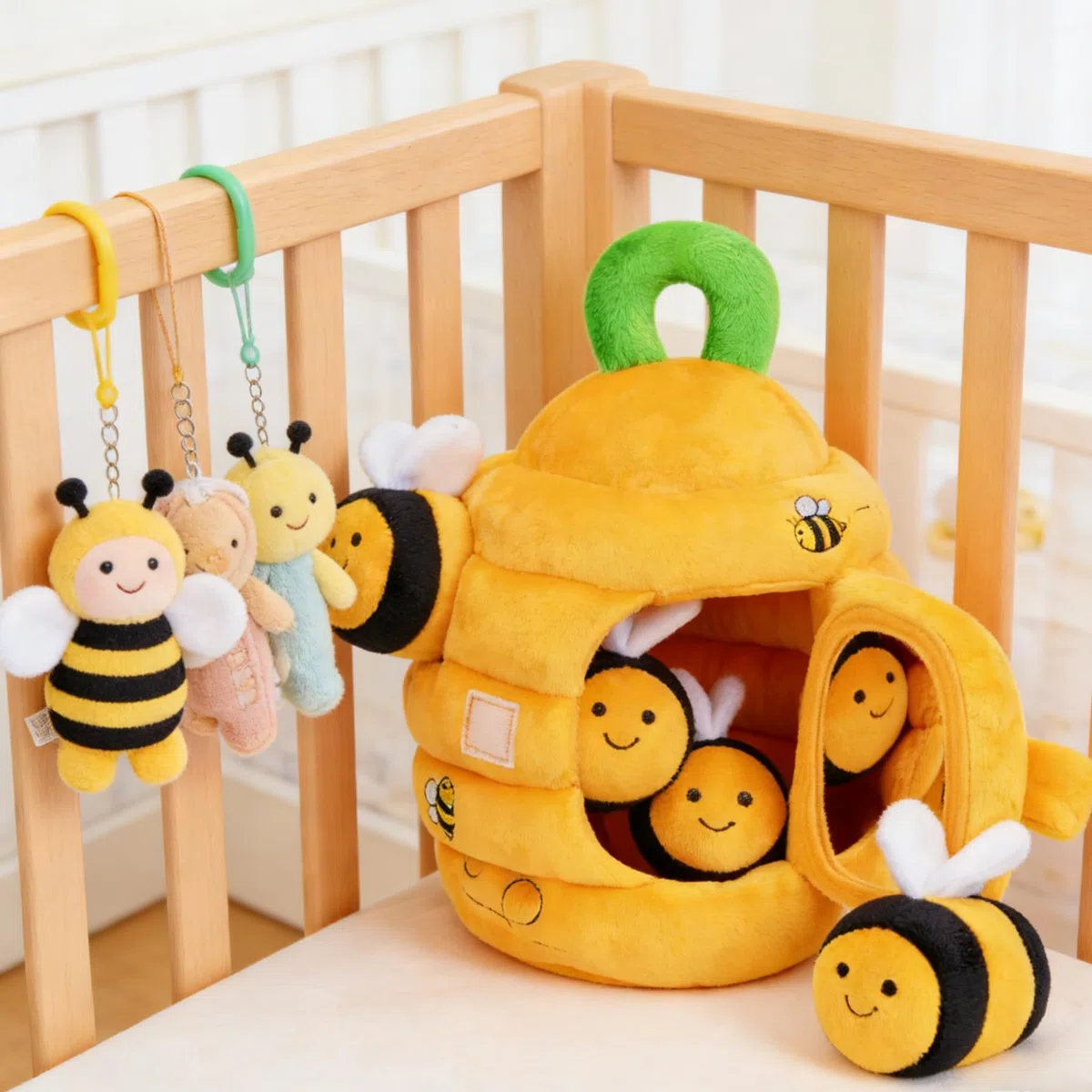 Funmo Bienen Sensorik Spielzeug,Baby Spielzeug 6-12 Monate,Baby Bienenstock mit 5 Bienen,Montessori Spielzeug,Montessori Geschenk Mädchen Jungen,Rassel & Spiegel,Geschenke für Kinder 0-2Jahre
