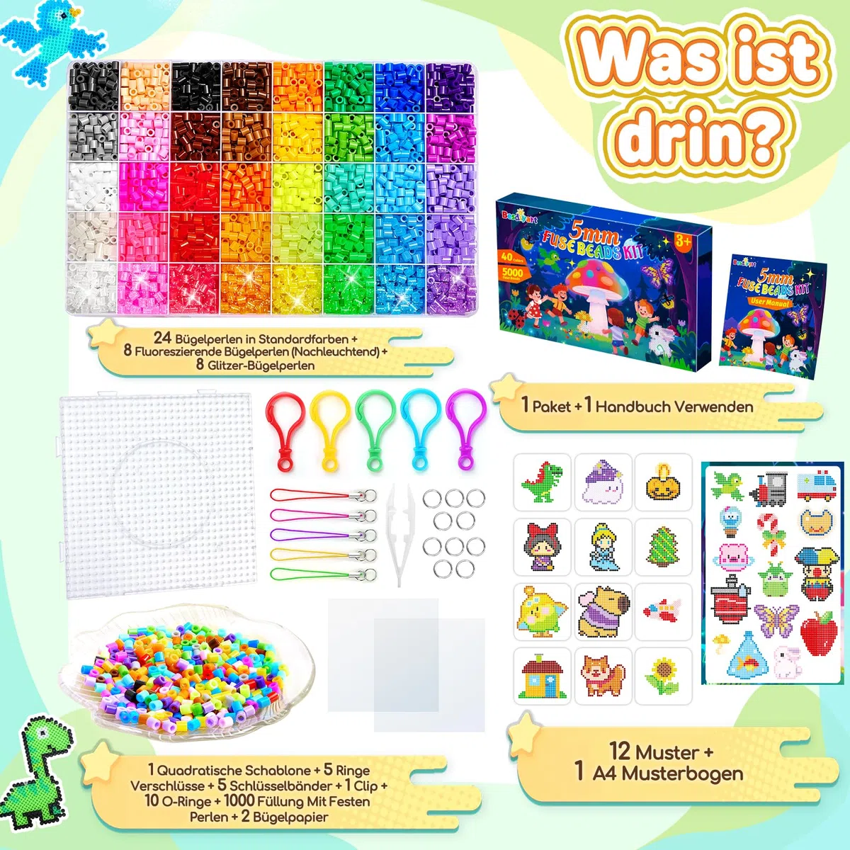 Bügelperlen Set, 5000 Stück 5mm Perlen mit 40 Farben, inkl. Leuchtende Bügelperlen & Glitzerperlen, Platten, Kreativset Bastelset für für Kinder ab 3 Jahren