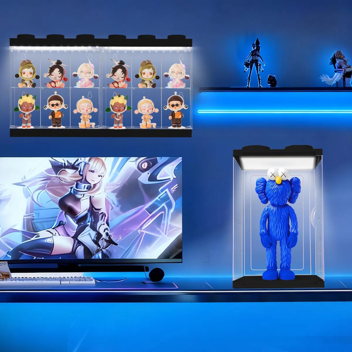 Transparente Vitrine mit Licht für Sammlerstücke, klare Acryl-Boxen für die Anzeige von Actionfiguren, Puppen, beleuchtete Trophäe, Gundam-Vitrine, staubdichte Aufbewahrungsbox (Schwarz, 12 Gitter mit