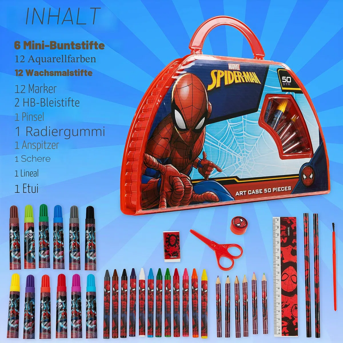 Spiderman Malset aus 49 PCS | Malkasten für Kinder in Transportbox | für Jungen ab 3 Jahren | bestehend aus Wasserfarben, Malstiften, Wachsfarben, Bleistiften | hochwertiger Malkoffer