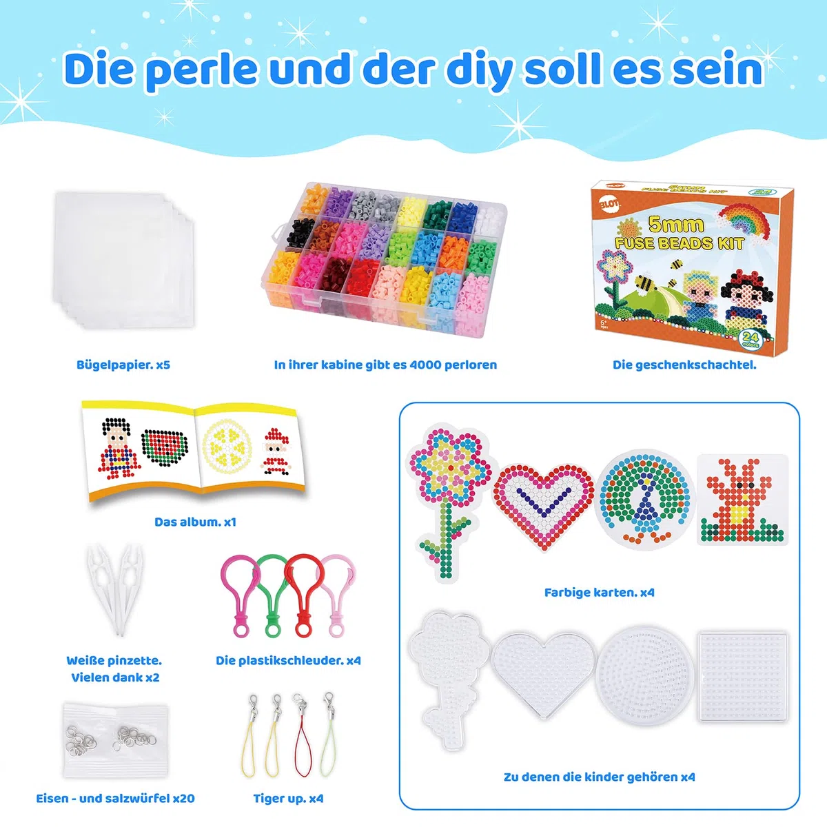 BLOT 4000 Bügelperlen Set 24 Farben Bügelperlen für Kinder Mädchen Jungen DIY Steckperlen mit Platte Zubehör Muster in Organizerbox, 5mm