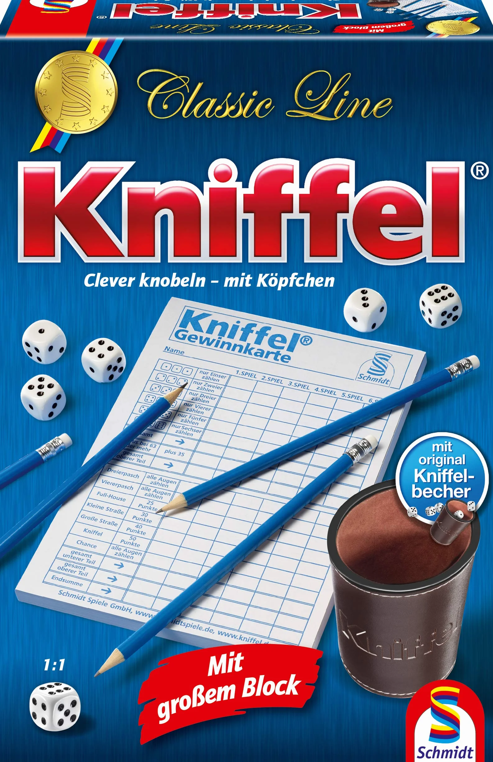 Schmidt Spiele 49203 Kniffel, Classic Line, mit großem Block, mit original Kniffelbecher