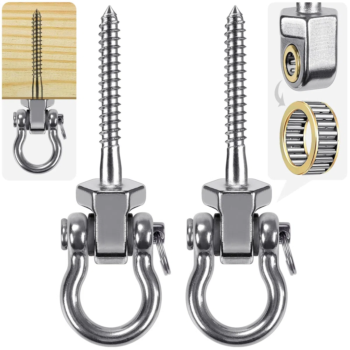 SELEWARE Strapazierfähige Schaukelaufhänger mit Lagern, 2er-Pack - Edelstahl-Veranda-Schaukel-Hardware für Terrasse & Spielplatz, leise Drehhaken - strapazierfähige Schaukel-Hardware für drinnen