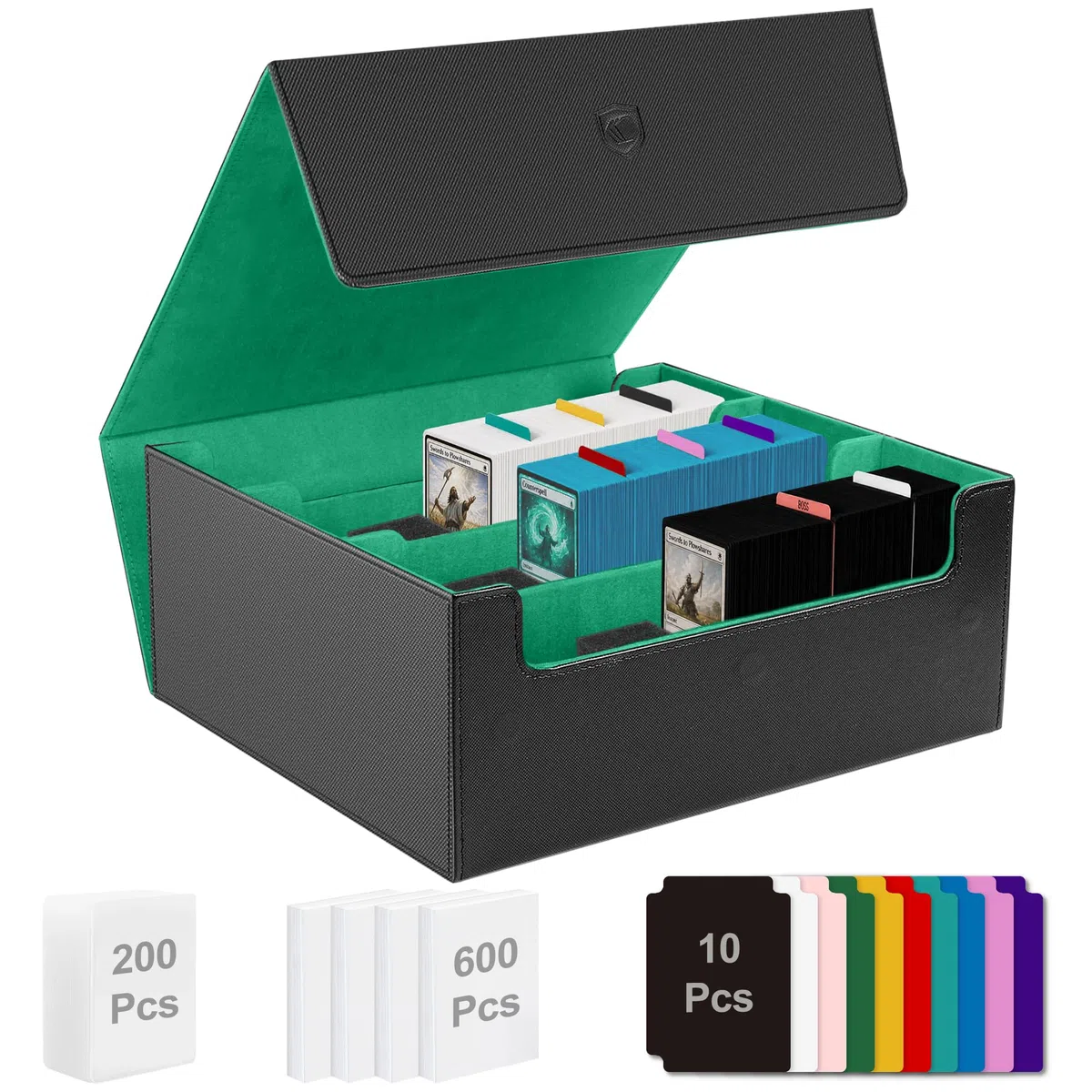 Kartenbox mit 200 Toploadern und 600 Kartenhüllen, Fasst 1800 eingehüllte Karten, Sammelkarten-Aufbewahrungsbox mit Magnetverschluss, 10 Trennern & 6 Stoppern für Sportkarten & TCGs (Schwarz und Grün)