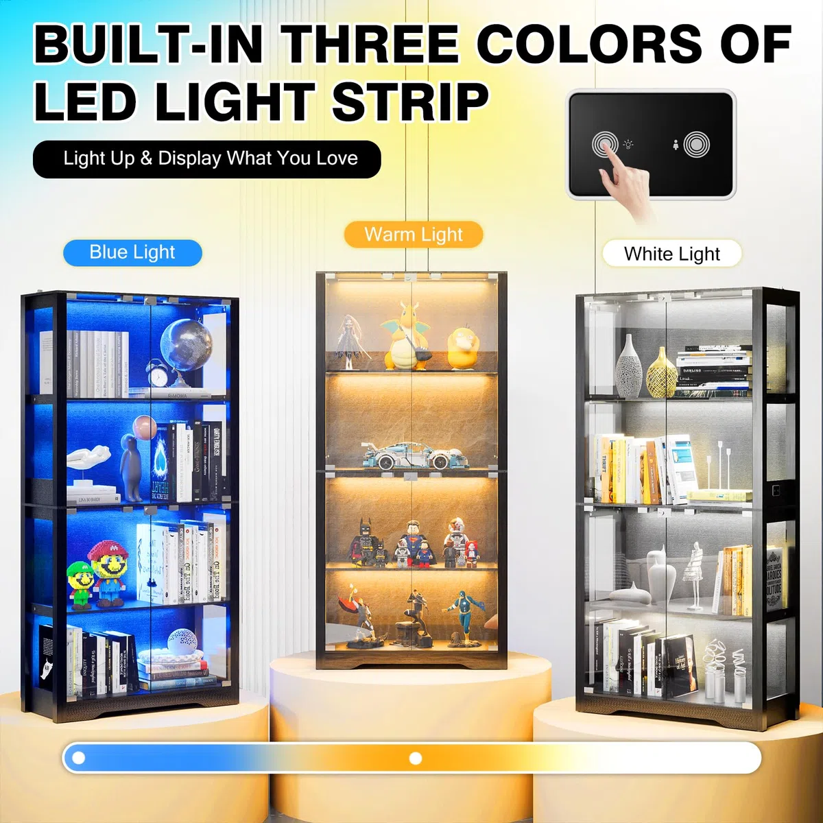 Vitrine mit LED Beleuchtung und Glastüren, Sammlervitrine für Kuriositäten Actionfiguren, Ausstellungsvitrine mit Intelligente Sensorik, 4-Lagen Vitrine für Wohnzimmer Büro (Schwarz：165*80*35cm)