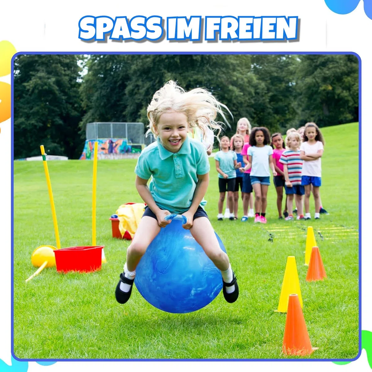 Bedwina Hopper Ball mit Griff für Kinder - Hüpfball Hoppity 20 Zoll (50 cm) für Kinder von 7 bis 9 Jahren, Kangaroo Hop Ball in Blau, Sitzball und Hüpfball