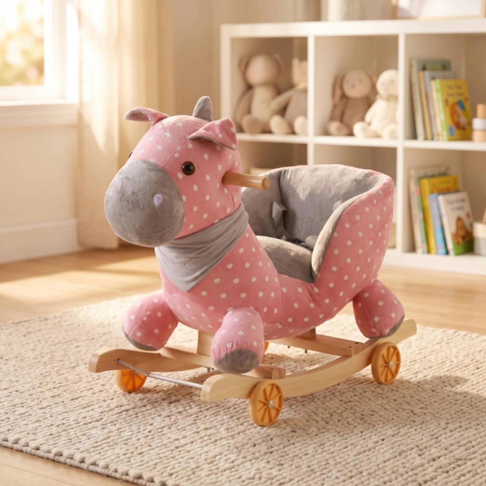 Schaukelpferd Kinder Pferde Spielzeug Reittier Plüsch Bezug auf Holz Kufen mit Rädern Bequemes Sitzen Und Stabile Haltegriffe für Kleinkinder, Rosa Gepunktetes Pferd, 60 28 50CM
