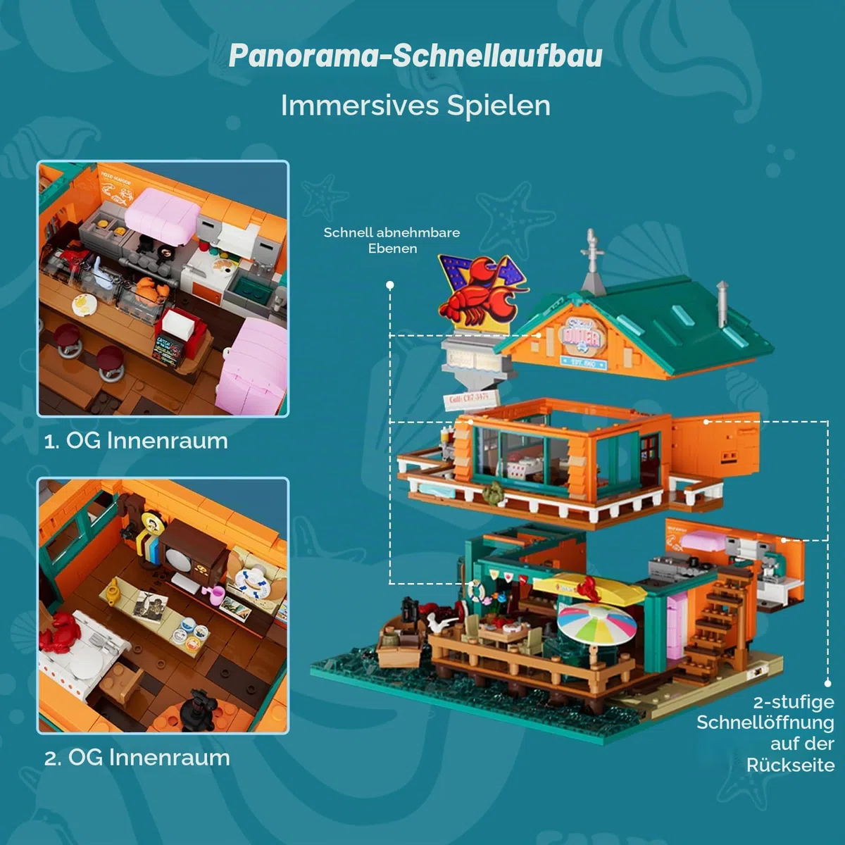 LUMIBRICKS Küsten-Seafood-Restaurant Beleuchtetes Klemmbaustein-Set, 2484 Teile Retro-Strandrestaurant mit LED-Lichtern, Modularer Hafen-Diner mit Öffnender Struktur & Meeresdetails