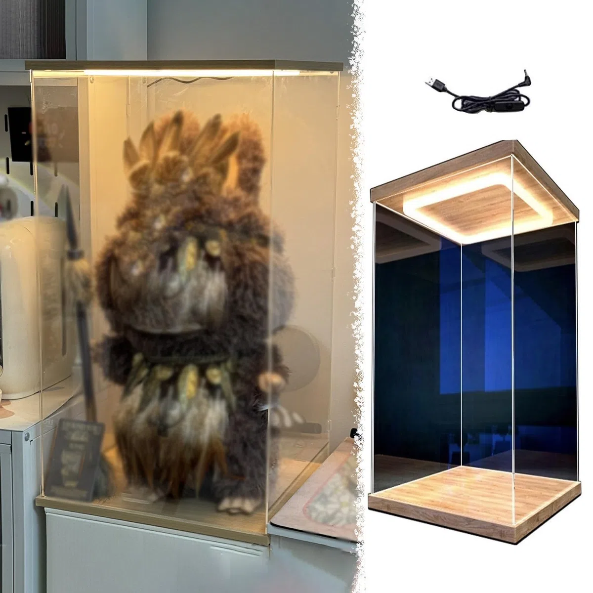 Acryl Vitrine Vitrine für Figuren, Puppen und Trophäen, Leichter, Hoher Acryl-Vitrine für Sammlerstücke, Staubdichter Aufbewahrungsschrank mit LED-Beleuchtung, PVC-Vitrine mit Würfel(40x40x50cm/16x16x