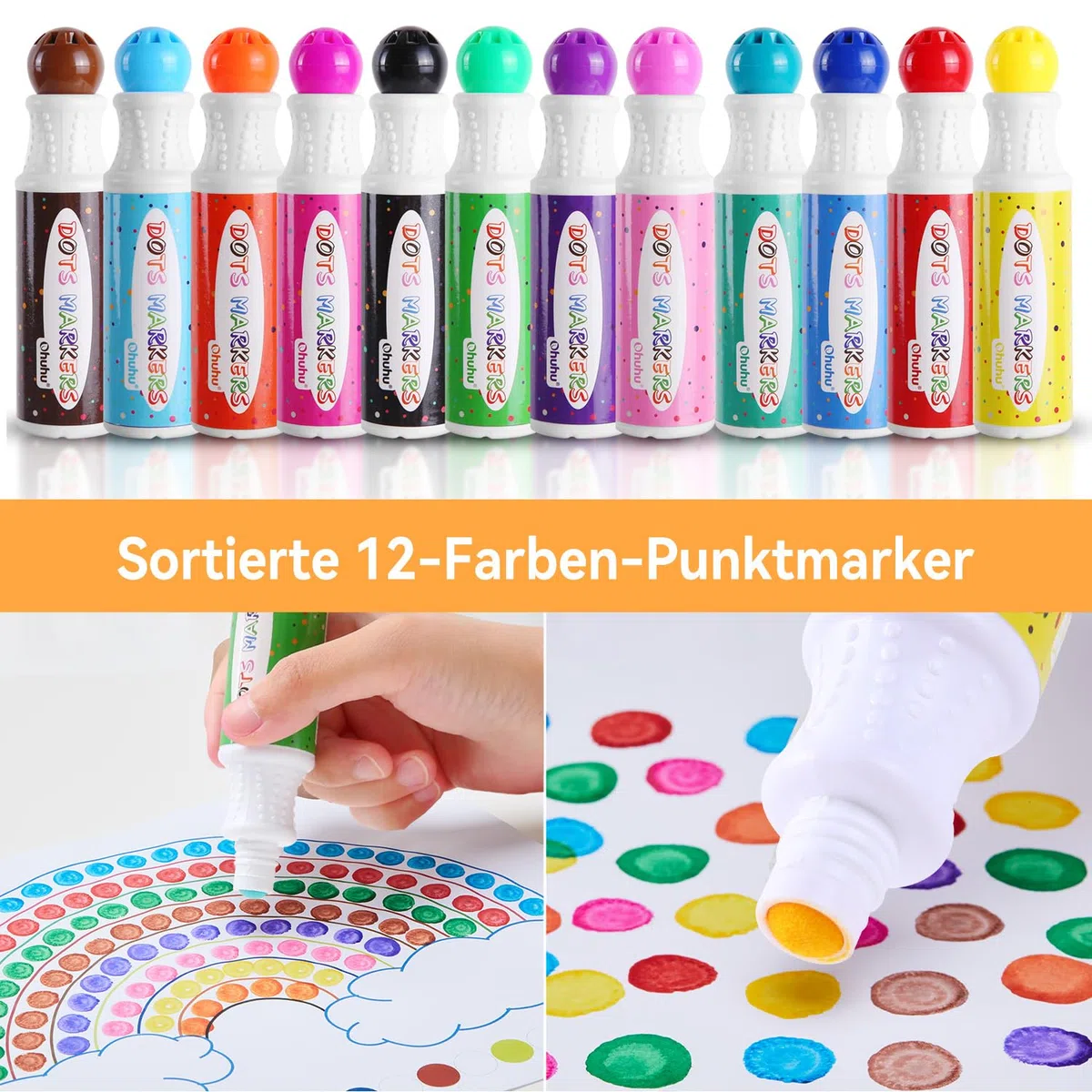 Ohuhu Bingo Dabbers, 12 Farben Auswaschbar Dot Marker für Kinder (40 ml) mit einem leeren 30 Seiten Kinder Activity Book für Vorschule ungiftig Wasser-basierte Punkt-Kunstmarker