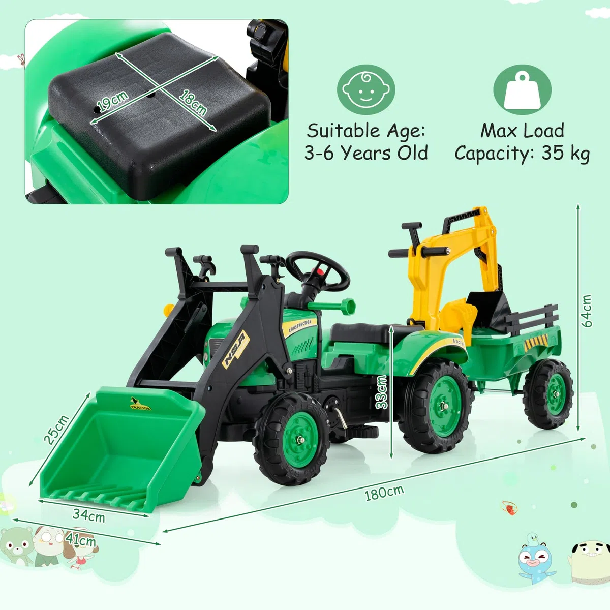 FANTASK Trettraktor ab 3 J., Anhänger & Grabschaufel, bis 35 kg
