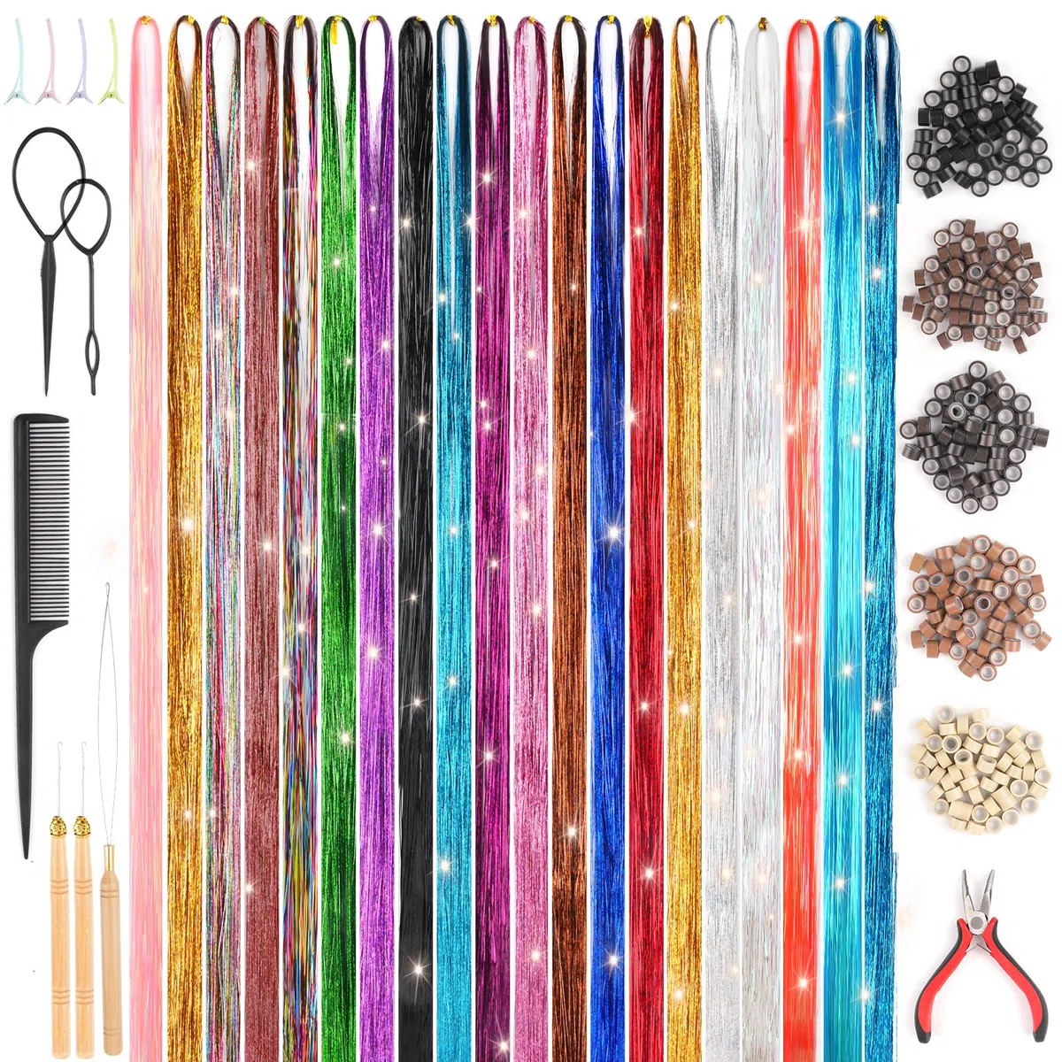 4000 Hair Tinsel,48 Inches Haar Lametta mit Werkzeug,20 Farben Glitzer Haarsträhnen zum Flechten Haar Lametta,Sparkle Tinsel Hair Extensions für Frauen Mädchen Kinder Cosplay Party Zubehör (20 Farben)