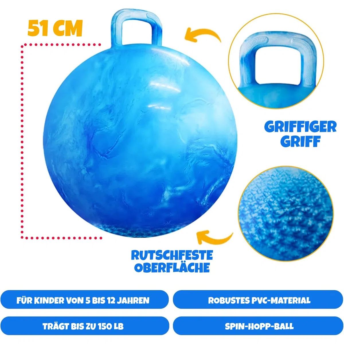 Bedwina Hopper Ball mit Griff für Kinder - Hüpfball Hoppity 20 Zoll (50 cm) für Kinder von 7 bis 9 Jahren, Kangaroo Hop Ball in Blau, Sitzball und Hüpfball