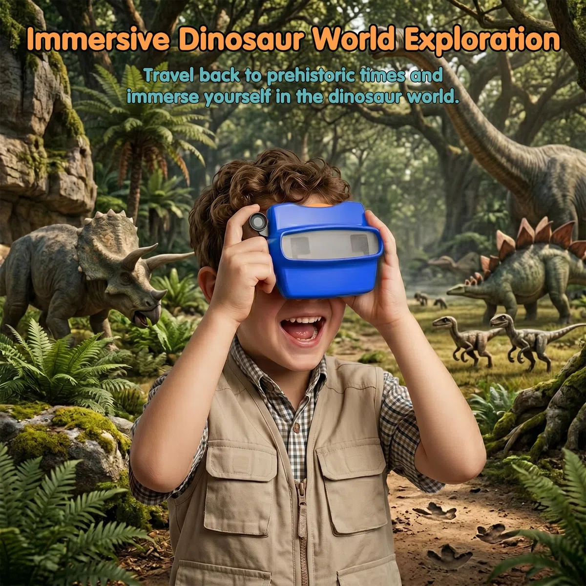 Pup Go Blau 3D-Betrachter für Kinder ab 3 Jahren, 4 Scheiben – Dinosaurier, Tiere, Ozean & Weltraum, 28 HD-Bilder, Retro klassischer Diabetrachter, pädagogisches STEM-Lernspielzeug