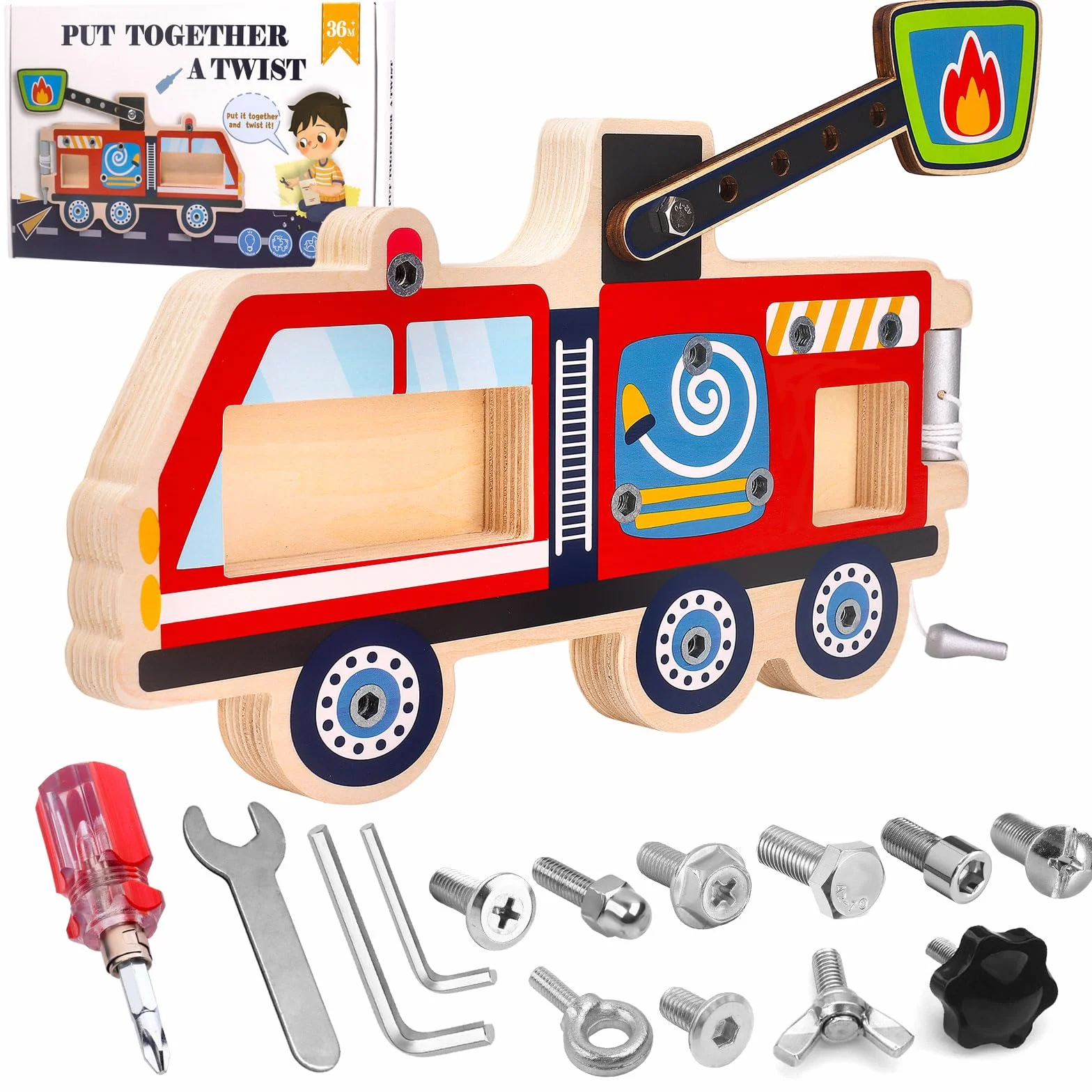 Liangding Feuerwehrauto Holzspielzeug mit Schrauben und Werkzeug - Montessori Lernspielzeug ab 3 Jahre - Motorikspielzeug zum Schrauben - Geschenk für Jungen und Mädchen - inkl. Aufbewahrungsbeutel