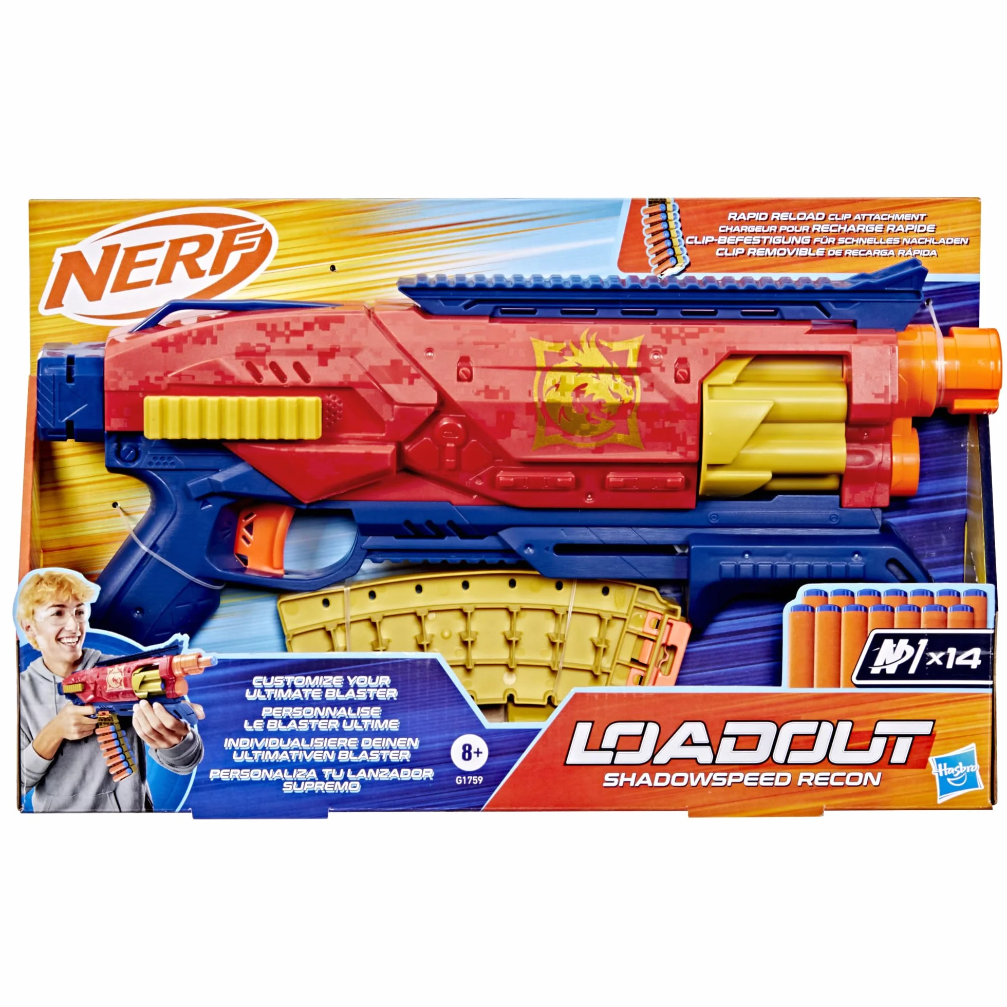 Nerf Loadout Shadowspeed Recon Blaster und 14 N1 Schaumstoff-Darts, Halterung zur Aufbewahrung, Outdoor-Spielzeug mit großer Reichweite und Geschwindigkeit, aktivität für Kinder ab 8 Jahren