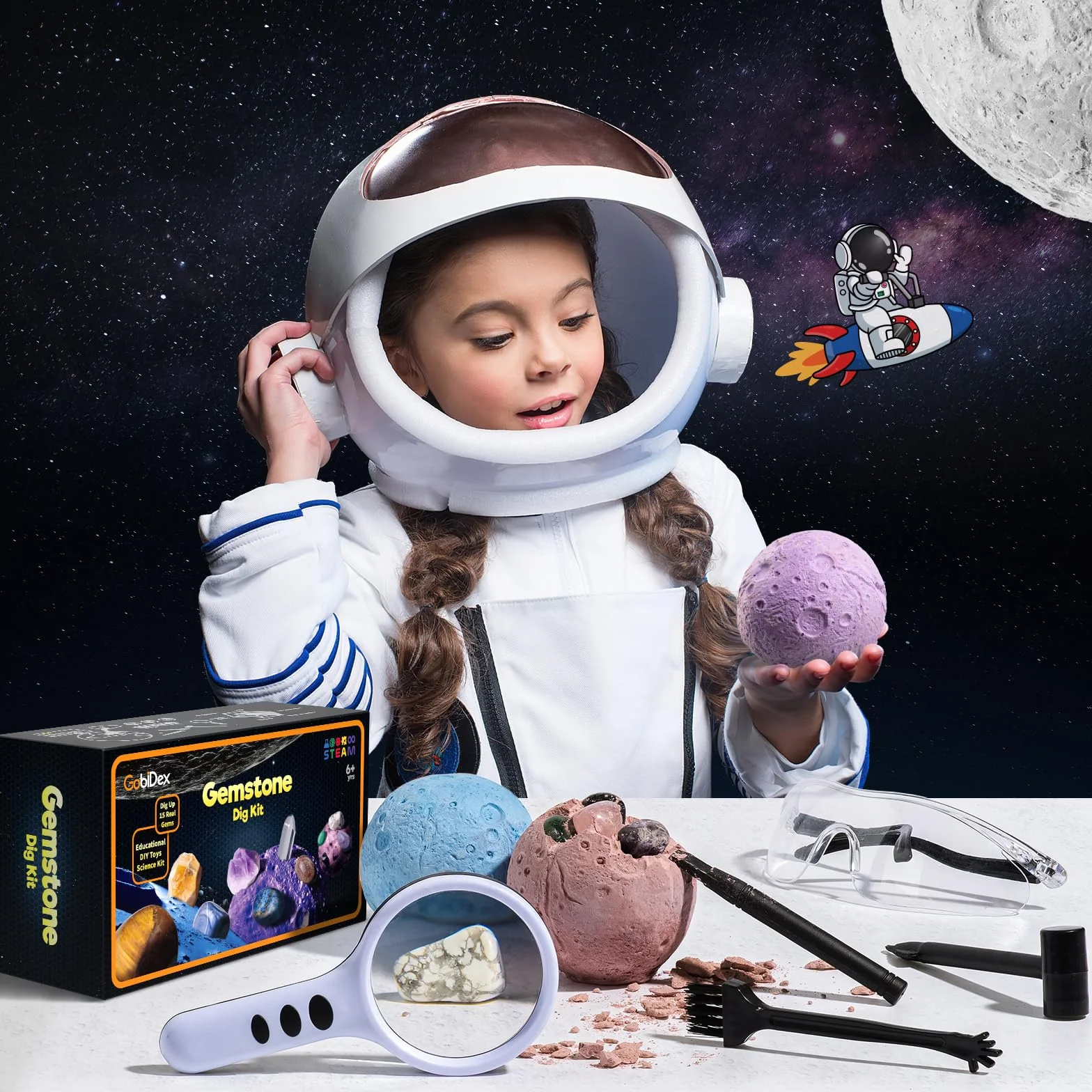 GobiDex Ausgrabungsset für Kinder, Natürliche Edelsteine und Kristalle, Mineralien Steine für Kinder ab 6 7 8 9 10, Mond Schatzsuche Spielzeug, Sonnensystem, Planeten Geschenk für Jungen und Mädchen