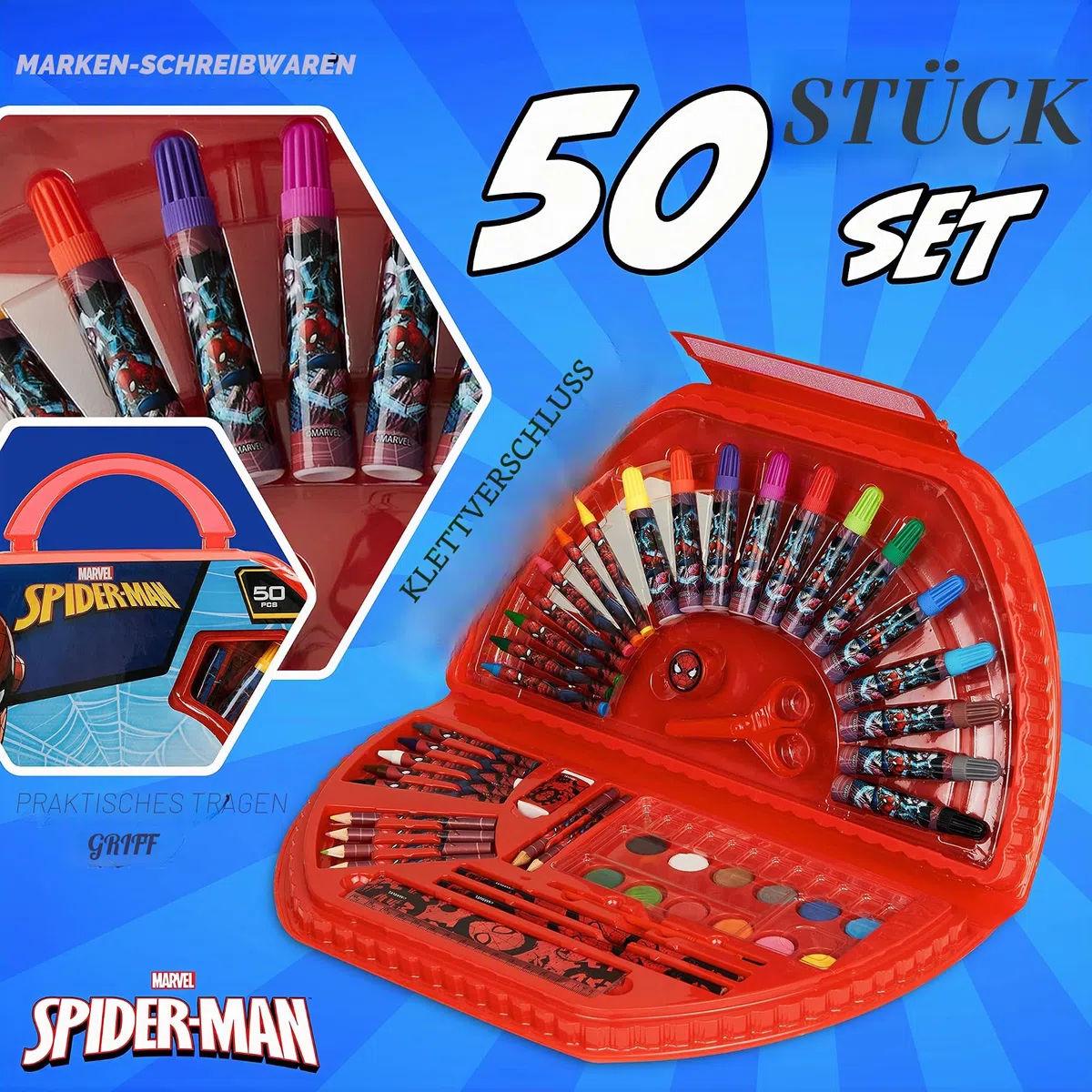 Spiderman Malset aus 49 PCS | Malkasten für Kinder in Transportbox | für Jungen ab 3 Jahren | bestehend aus Wasserfarben, Malstiften, Wachsfarben, Bleistiften | hochwertiger Malkoffer