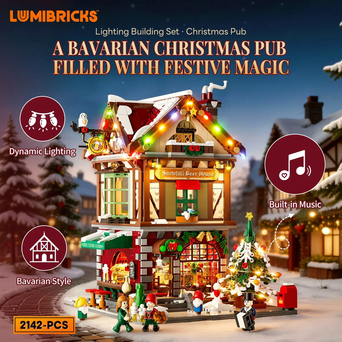 LUMIBRICKS Weihnachts-Pub Bauset mit LED-Beleuchtung und Soundmodul, 2142 Teile Weihnachtsdorf-Modell für Erwachsene, Modulares Gebäude mit Licht- und Musikeffekten