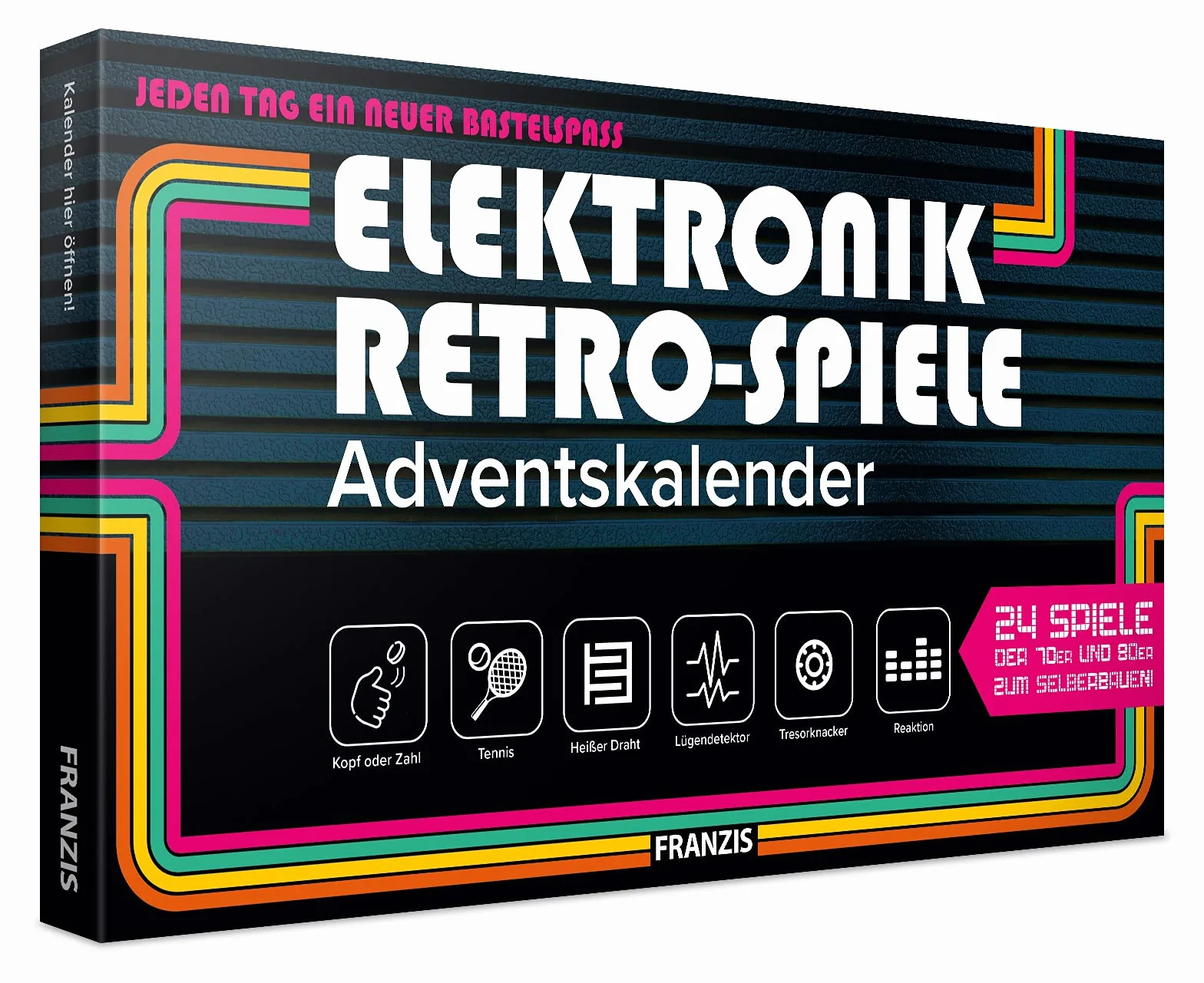 FRANZIS 67150 - Elektronik Retro Spiele Adventskalender, 24 Spiele der 70er und 80er zum Selberbauen, inkl. 28-seitigem Begleitbuch, ohne Löten