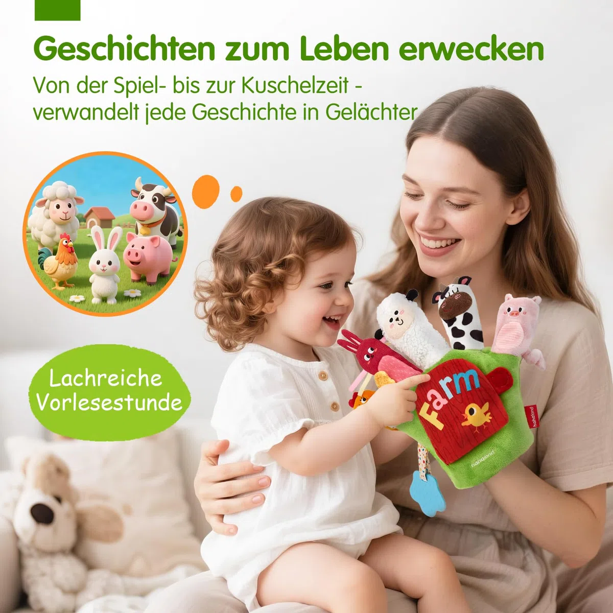 hahaland Baby Sensorik Spielzeug ab 6 12 Monaten - Bauernhof Handpuppen Fingerpuppen mit Beißring & Spiegel für Kinder, Jungen Mädchen, Tummy Time Toy, Baby Geschenk Geburt & Neugeborenen Geschenk
