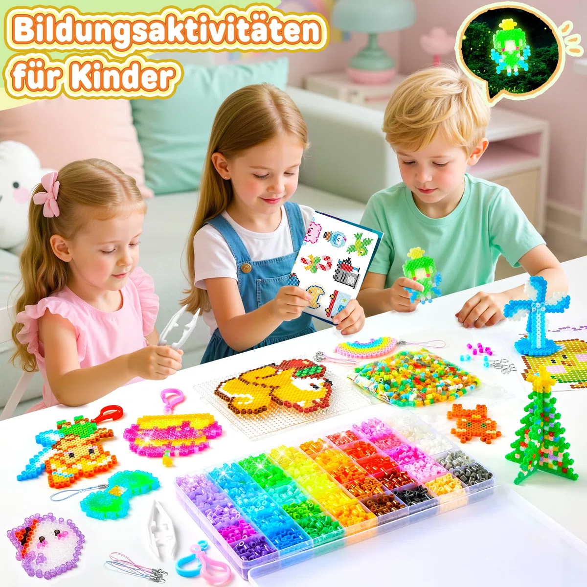 Bügelperlen Set, 5000 Stück 5mm Perlen mit 40 Farben, inkl. Leuchtende Bügelperlen & Glitzerperlen, Platten, Kreativset Bastelset für für Kinder ab 3 Jahren