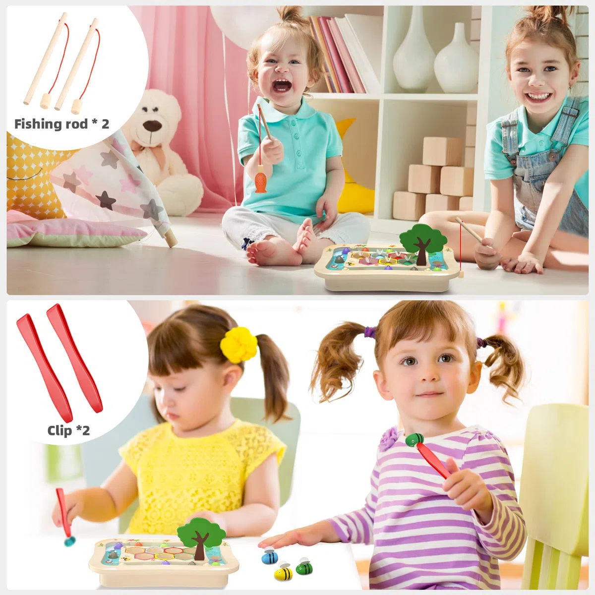 Uping Holzspielzeug AngelSpiel ab 3 Jahre, 2 in 1 Montessori Kinder Holz Magnetisches Spielzeug Mädchen Jungen Lernspielzeug Geschenk Fischspielzeug Fische Angeln, Patentschutz