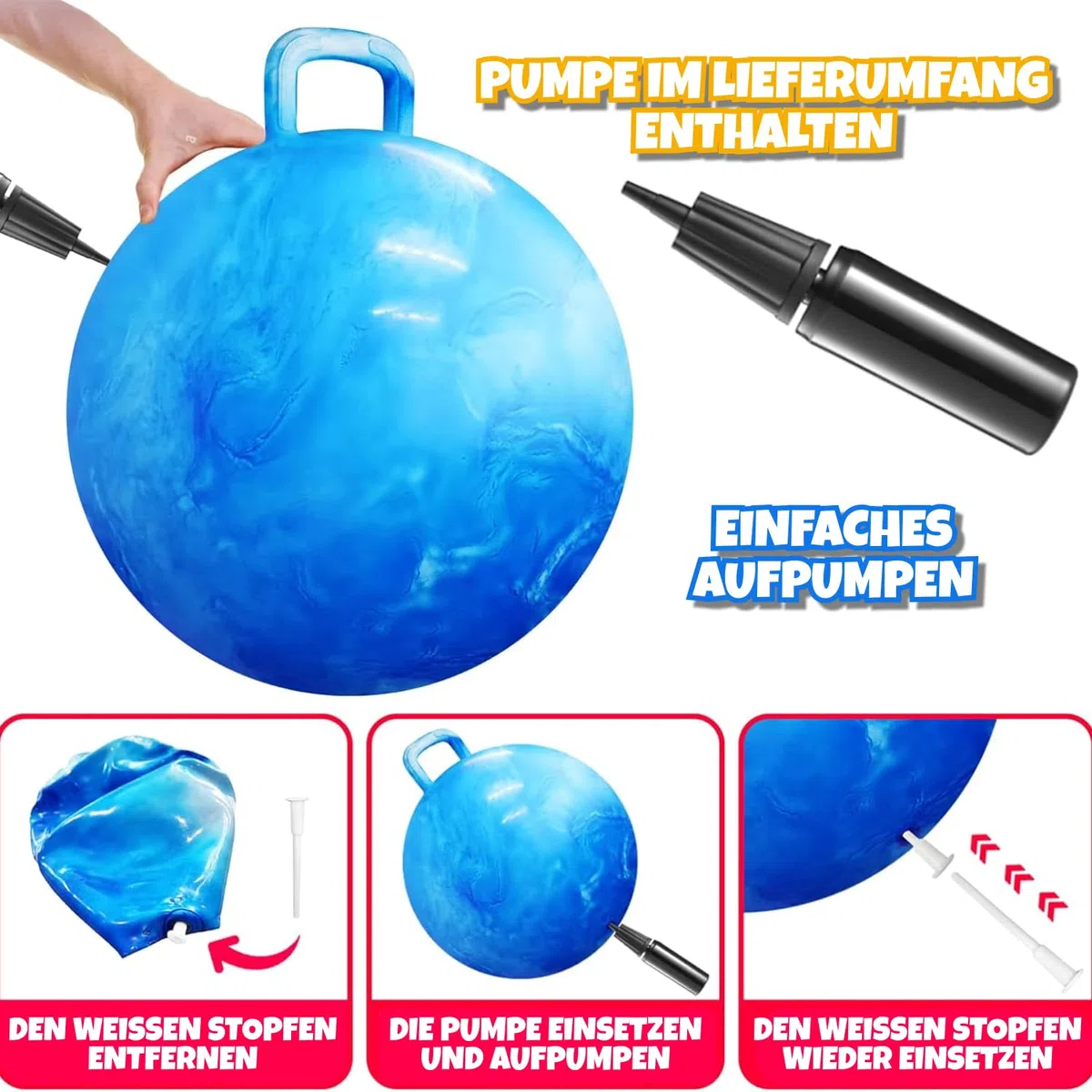 Bedwina Hopper Ball mit Griff für Kinder - Hüpfball Hoppity 20 Zoll (50 cm) für Kinder von 7 bis 9 Jahren, Kangaroo Hop Ball in Blau, Sitzball und Hüpfball