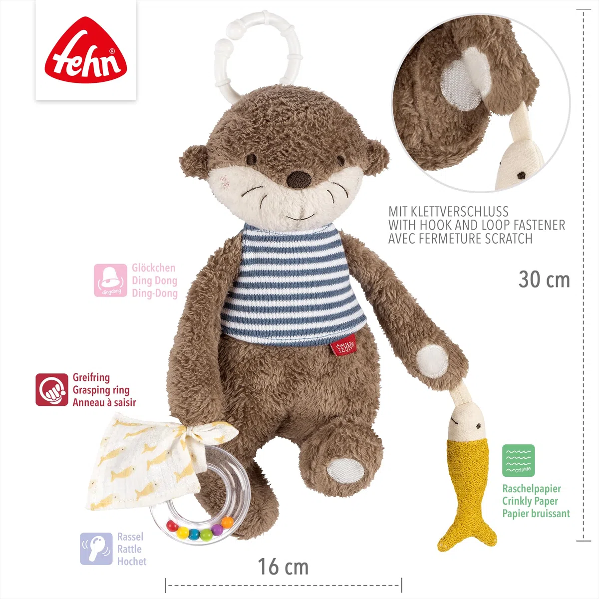 Fehn Activity-Otter Theo – Motorikspielzeug zum Aufhängen mit spannenden Anhängern zum Greifen und Geräusche erzeugen für Babys und Kleinkinder ab 0+ Monaten