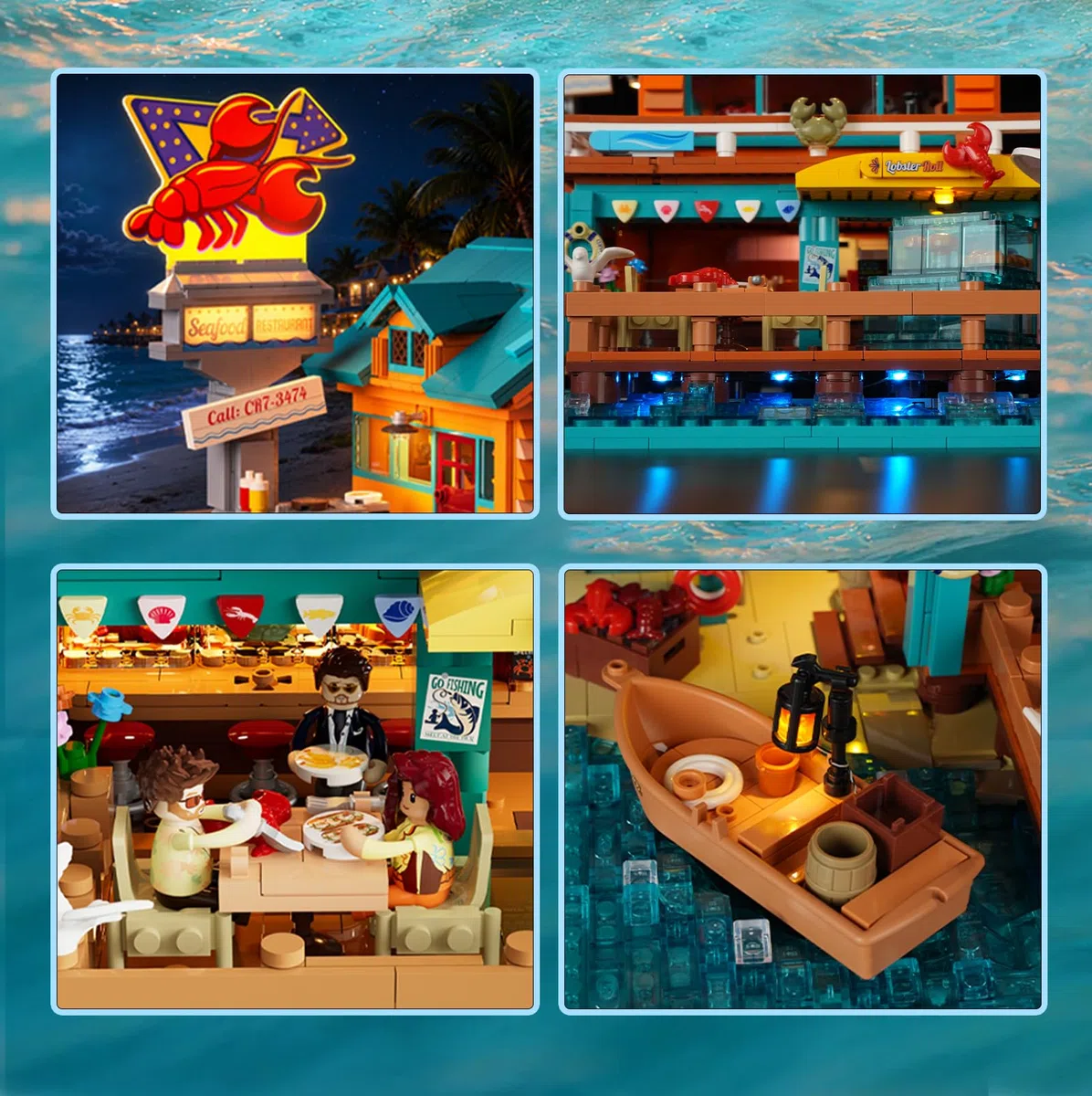 LUMIBRICKS Küsten-Seafood-Restaurant Beleuchtetes Klemmbaustein-Set, 2484 Teile Retro-Strandrestaurant mit LED-Lichtern, Modularer Hafen-Diner mit Öffnender Struktur & Meeresdetails
