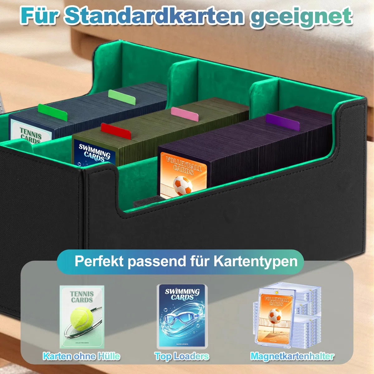 Kartenbox mit 200 Toploadern und 600 Kartenhüllen, Fasst 1800 eingehüllte Karten, Sammelkarten-Aufbewahrungsbox mit Magnetverschluss, 10 Trennern & 6 Stoppern für Sportkarten & TCGs (Schwarz und Grün)