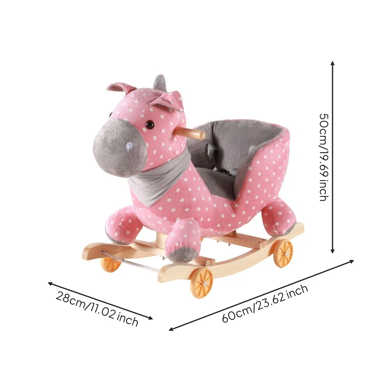 Schaukelpferd Kinder Pferde Spielzeug Reittier Plüsch Bezug auf Holz Kufen mit Rädern Bequemes Sitzen Und Stabile Haltegriffe für Kleinkinder, Rosa Gepunktetes Pferd, 60 28 50CM