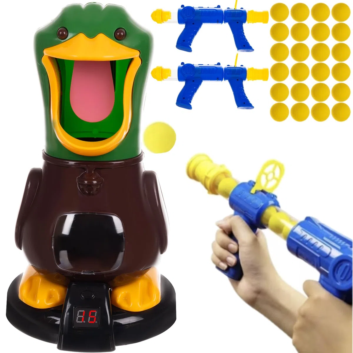 Schießspielzeug Hungrige Ente mit 2 Luftpumpenpistolen Zielscheibe 24 Schaumstoffbällen Schaumstoff Blaster Ziel-Shooting 22959