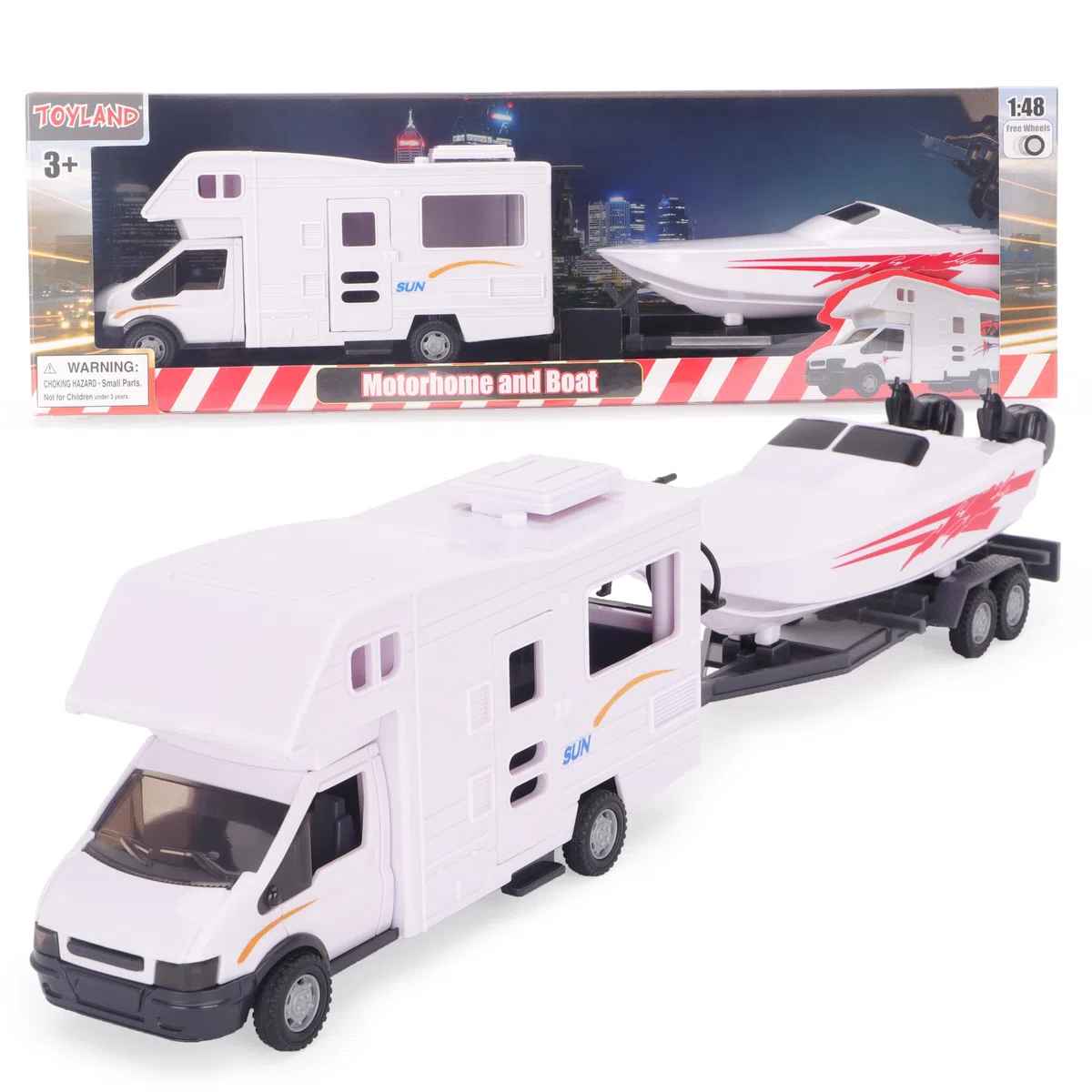 Toyland® Weißes Wohnmobil- und Schnellboot-Spielset - 1:16 Scale Free-Wheel Action Detachable Trailer for Kids - Ab 3 Jahren
